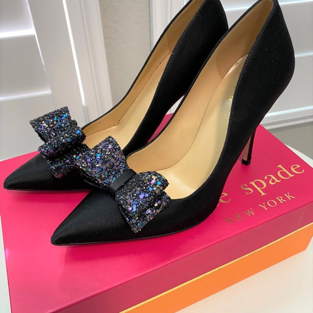 Kate Spade Black Lynda Satin with Glitter Bow Pumps